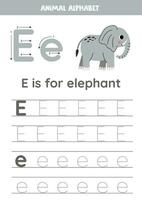 traceren alfabet brieven voor kinderen. dier alfabet. e is voor olifant. vector