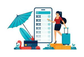 illustratie van vrouw draag- koffer en kiezen ticket voor vakantie Aan strand in zomer. aankoop en betaling apps voor reservering kaartjes. kan worden gebruikt voor web website poster mobiel apps tijdschrift advertenties vector