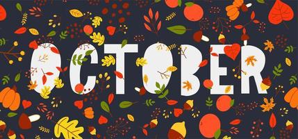 oktober belettering tekst verkoop vector banner met kleurrijke herfstbladeren