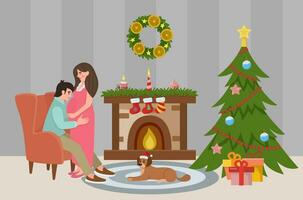 Kerstmis kamer interieur. de concept van een vakantie, Kerstmis en nieuw jaar. zwangerschap Bij kerstmis. Kerstmis boom en decoraties, paar in liefde. hond door de haard. vector illustratie.