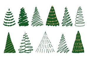 Kerstmis bomen vector reeks in tekening minimalistisch stijl, voor groet kaart, uitnodiging, banier, web. groente, goud kleuren Aan een wit achtergrond