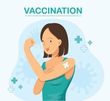 vrouw toont gevaccineerd. vaccinatie concept. vector illustratie