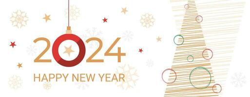2024 nieuw jaar banier, groet, partij uitnodiging, grafisch sjabloon met vlak Spar boom, tekst groet, sterren en sneeuwvlokken decoraties. vakantie achtergrond vector illustratie.
