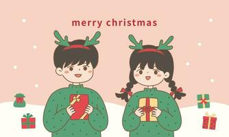 Kerstmis banier jongen en meisje met rendier gewei houden de geschenk vector