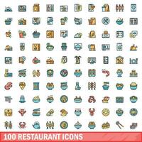 100 restaurant pictogrammen set, kleur lijn stijl vector