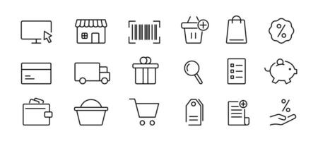 e-commerce pictogrammen set. schets bedrijf pictogrammen. online afzet pictogram. e handel symbool. web boodschappen doen teken. schets bedrijf teken. online afzet icoon in vector. voorraad illustratie vector