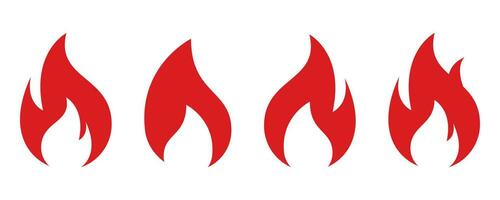 brand vlam icoon set. vlam icoon in rood. brand symbool in glief. rood vuurbol teken. kampvuur symbool. vlam vector. voorraad vector illustratie