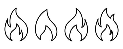 brand vlam icoon set. vlam icoon in zwart. brand symbool in schets. vuurbol teken. kampvuur symbool in lijn. vlam vector. voorraad vector illustratie