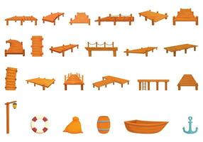 houten pier pictogrammen reeks tekenfilm vector. zee water boot vector