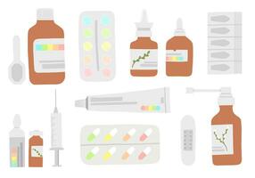 geneeskunde reeks van vector illustraties inclusief pillen, zalf, nasaal druppels, hoesten siroop, keel spuiten, injectie, apotheek stickerpakket, medisch behandeling voorwerpen en elementen