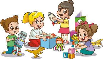 vector illustratie van schattig kinderen in de kleuterschool spelen met speelgoed