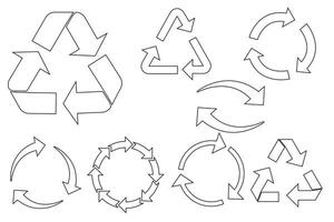 verspilling en recycling vector lijn pictogrammen set. bevat lineair contour pictogrammen van recyclen, recycling pijlen. symbool van ecologie en zuiverheid Aan een transparant achtergrond.vector illustratie.