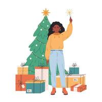 zwart vrouw vieren Kerstmis of nieuw jaar. Kerstmis boom met presenteert. vector