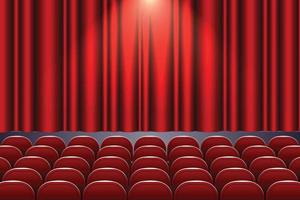 theaterzaal met rijen rode stoelen en podium met gordijn vector