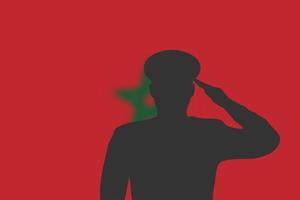 soldeer silhouet op wazige achtergrond met marokko vlag. vector