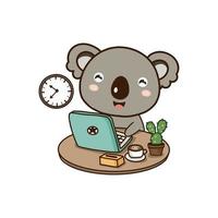 schattige koala die op laptop werkt. schattig stripfiguur. vector