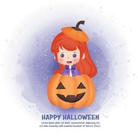 halloween postkaart met schattige heks en pompoenen. vector