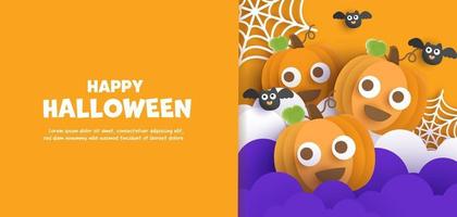 happy halloween-banner met schattige pompoenen. vector