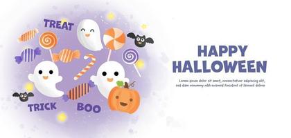 happy halloween-banner met schattige geest en snoep in waterkleurstijl. vector