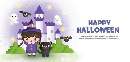 happy halloween-banner met schattige heks en kasteel vector