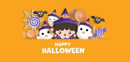 happy halloween banner met schattige heks en geest. vector