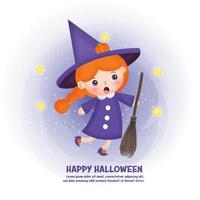 halloween postkaart met schattige heks en pompoenen. vector