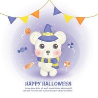 happy halloween-kaart met schattige beer en snoep. vector