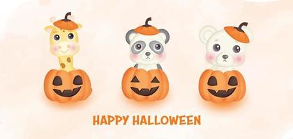 happy halloween-banner met schattige dieren en pompoenen vector