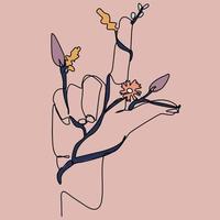 ononderbroken lijn van vrouwelijke handen met bloemen, takken vector