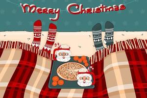 Kerstman kopjes, cacao, marshmallows, snoepjes, mandarijnen en pizza vector