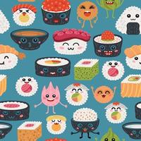 naadloze patroon kawaii broodjes en sushi achtergrond vector