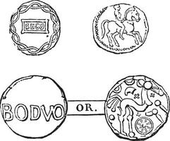 munten geslagen onder segonax en bodvonius, twee van de dertig tirannen. band kabinet van medailles Parijs, wijnoogst gravure. vector