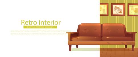 Uw nieuwe thuisbanner. Retro sofa en salontafel. Vector cartoon illustratie