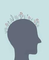 mentaal Gezondheid concept van menselijk silhouet met groeit planten aangeven positief denken vrede van verstand. vector
