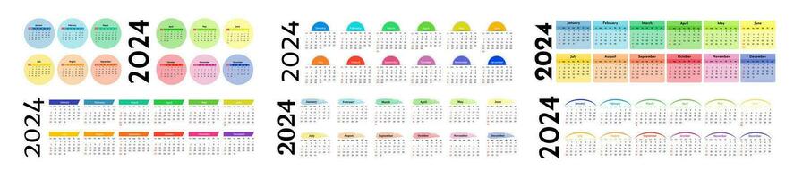 reeks van zes horizontaal kalenders voor 2024 geïsoleerd Aan een wit achtergrond. zondag naar maandag, bedrijf sjabloon. vector illustratie