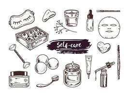 een reeks van hand getekend tekening schetsen van cosmetica, schoonheid, zelfzorg elementen. illustratie voor schoonheid salon, kunstmatig op te slaan, bedenken ontwerp. gegraveerde afbeelding. vector