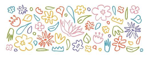 reeks hand- getrokken in kleur borstel lineair bloemen. abstract modern achtergrond met planten vector