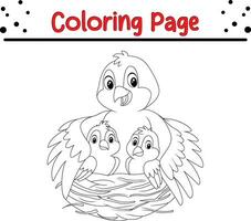 moeder vogel met haar twee baby's nest kleur bladzijde vector