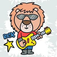 hand- getrokken grappig weinig leeuw met elektrisch gitaar tekenfilm illustratie vector