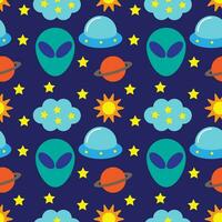 grappig buitenaards wezen en ruimte voorwerpen vlak ontwerp tekenfilm illustratie naadloos patroon vector