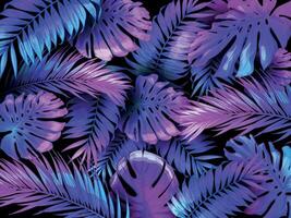 neon kleur tropisch bladeren. modieus kleurrijk palm boom blad, oerwoud achtergrond en Purper exotisch planten bladeren vector behang illustratie