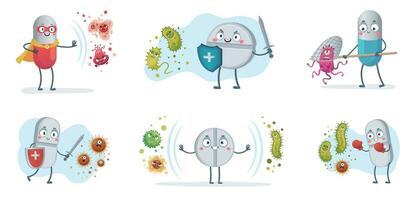 antibiotica strijd bacterie en virus. sterk antibiotica pillen met schild beschermen van bacteriën, medisch pil vs virussen vector tekenfilm illustratie reeks