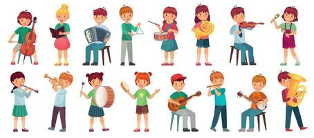 kinderen orkest Speel muziek. kind spelen ukulele gitaar, meisje zingen lied en Speel trommel. kinderen muzikanten met muziek- instrumenten vector illustratie reeks