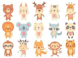 schattig tekenfilm dieren. golvend giraffe, grappig boerderij koe en gelukkig beer mascotte. oerwoud dierentuin dier en glimlachen baby huisdieren vector illustratie reeks