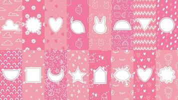 schattig patronen met insignes. roze patroon voor weinig baby, meisjesachtig abstract naadloos texturen voor kleding stof afdrukken vector illustratie reeks