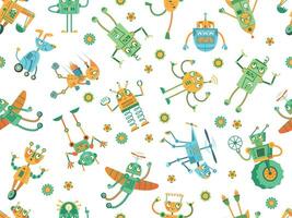 naadloos robots patroon. robot raket, kleurrijk robot hond en programmering robots voor kinderen vector illustratie