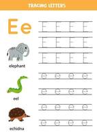 traceren alfabet brieven voor kinderen. dier alfabet. brief e is voor olifant paling en mierenegel. vector