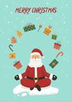 Kerstmis kaart of poster met de kerstman claus zittend in een yoga houding, ontspannend, vliegend geschenk dozen, sneeuw en tekst vrolijk Kerstmis Aan blauw achtergrond. vlak tekenfilm vector illustratie.