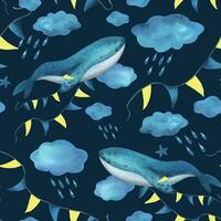 turkoois walvis in de wolken met een slinger van vlaggen tussen de wolken met regendruppels. waterverf illustratie hand- getrokken in een gemakkelijk kinderachtig stijl. naadloos patroon Aan een blauw achtergrond vector