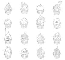 hand- getrokken schetsen reeks van cupcakes vector illustratie